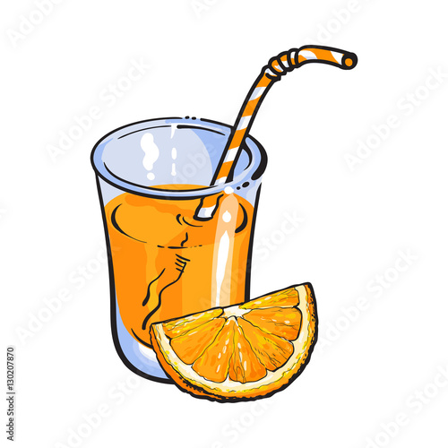 Glass of freshly squeezed juice with piece of orange, sketch vector illustration isolated on white background. Hand drawing of orange and juice, design element for packaging and promo materials