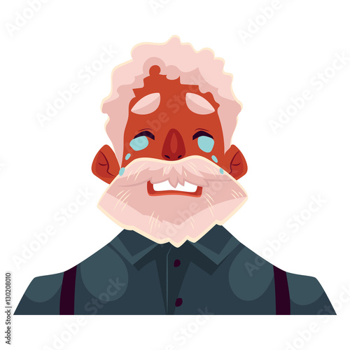 Grey haired old african man face, crying facial expression, cartoon vector illustrations isolated on white background. Old black man, grandfather emoji emoji crying, shedding tears, sad, heart broken