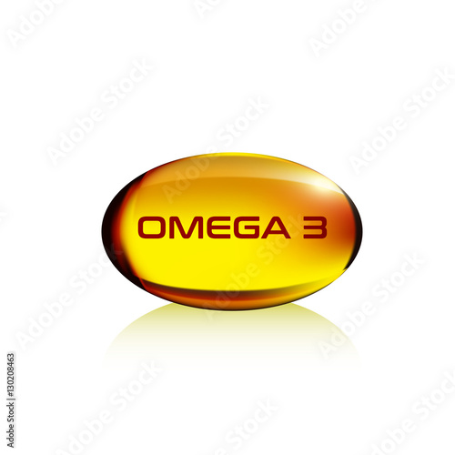 Realistic yellow gelatin capsule with omega 3, isolated on white, vector illustration