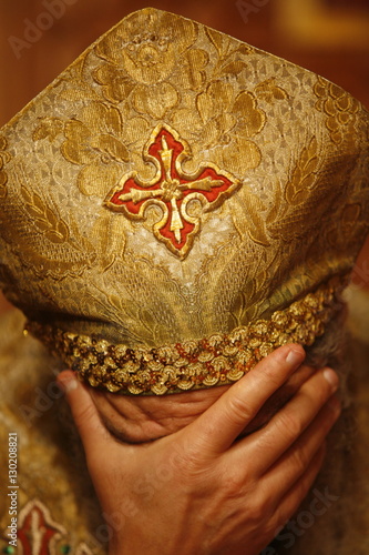 Orthodox Coptic priest praying, Chatenay-Malabry, Hauts-de-Sine, France photo