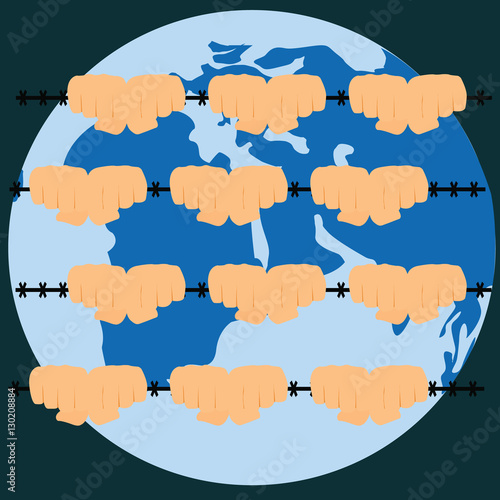 Refugee men and fence.
