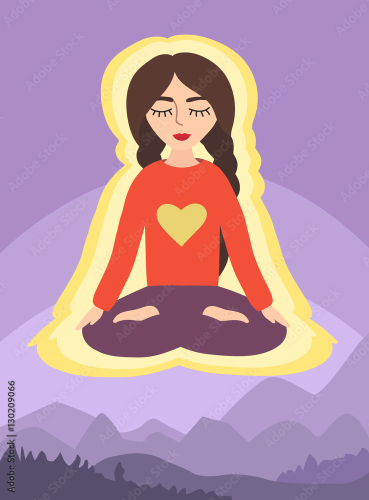 Girl in the lotus position on the background of mountain landscape. woman in meditation.
flat vector illustration. Girl in the lotus position on the background of mountain landscape. woman in meditation.
flat vector illustration.