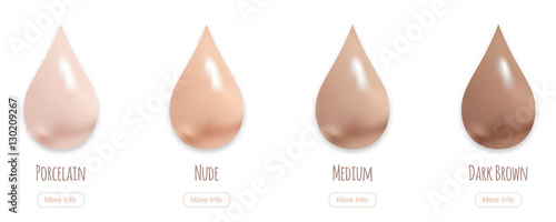 Realistic makeup cream drops in different shades, vector illustration. BB cream swatches concept, more info button.