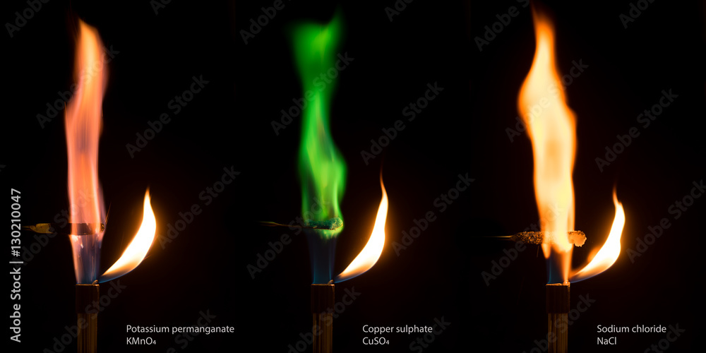 Different colored flames of burning salts. Potassium permangate, copper