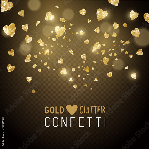 Luxury falling shiny and gold metallic heart shaped confetti. Vector illustration.