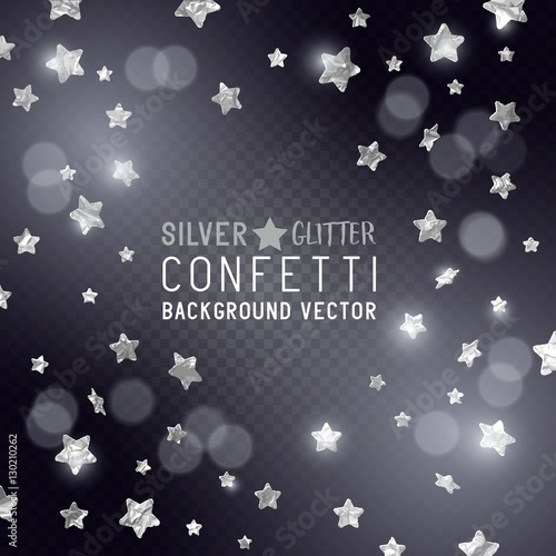 Falling Glittery silver star shaped metallic confetti, celebration background. Vector illustration.