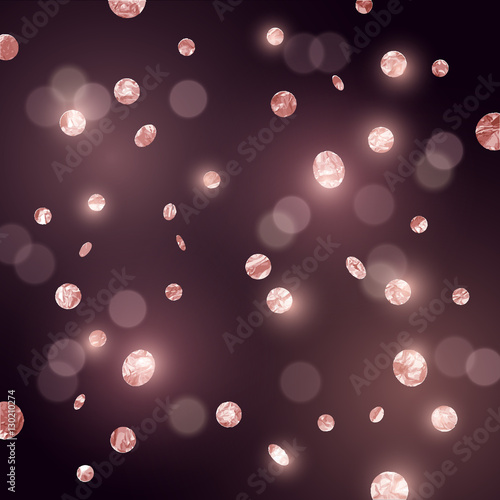 A luxury background design with falling glitter and sparkling metallic rose gold confetti. Vector illustration.