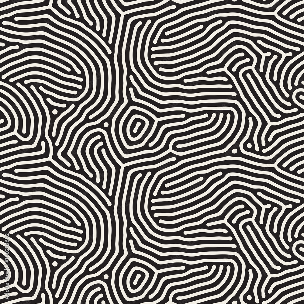 Organic Irregular Rounded Lines Vector Seamless Black and White Pattern.