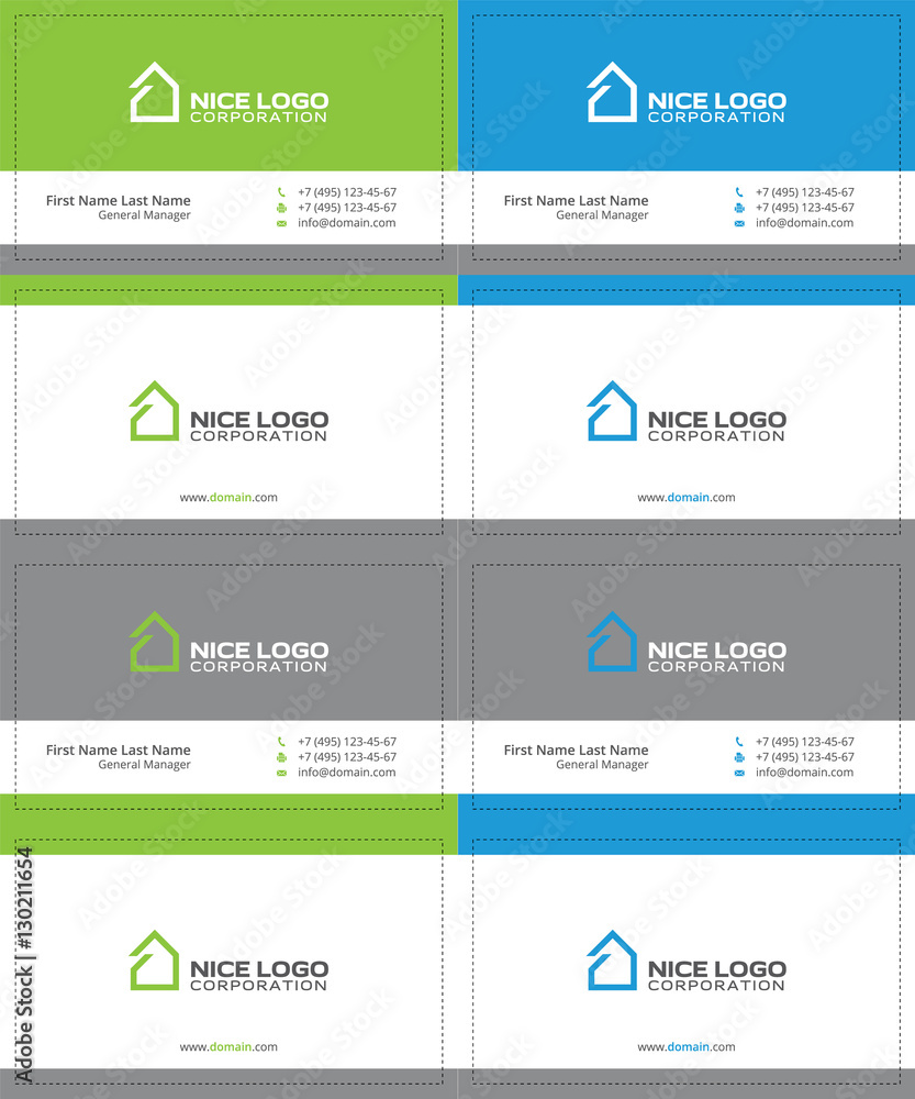 simple house business cards, gray, green and blue colors simple house business cards, gray, green and blue colors