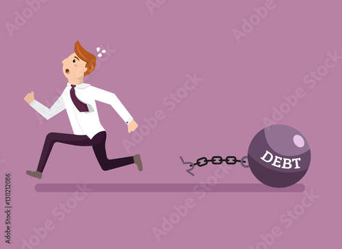 Businessman escapes from giant metal weight with a title Debt. Employee running away