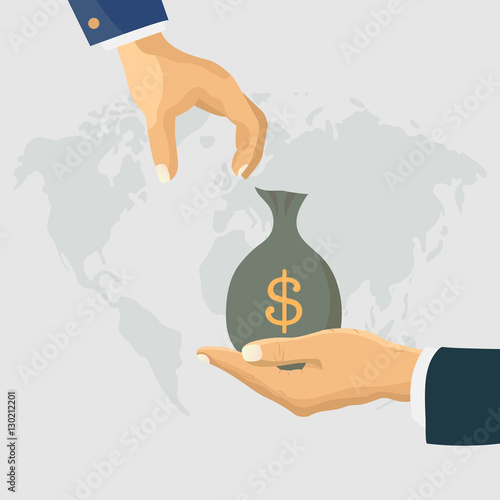 Human hand gives money bag to another person. wold background. Flat vector icon