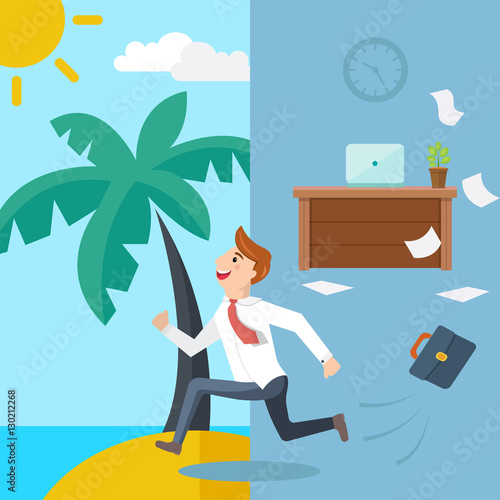 Business man running from office to summer beach. Vector illustration.