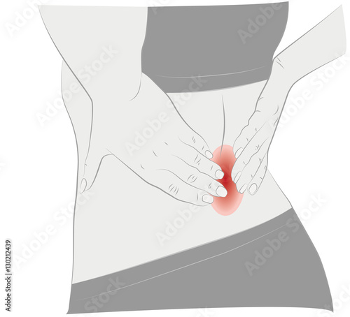 Health problem and back pain in a body of the man on white background. Red dots sign points of pain.