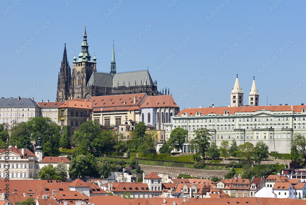 Panorama of Prague Castle and St. Vitus cathedral, Prague, Czech Republic. Unique view from a hot air balloon Panorama of Prague Castle and St. Vitus cathedral, Prague, Czech Republic. Unique view from a hot air balloon