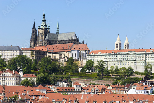 Panorama of Prague Castle and St. Vitus cathedral, Prague, Czech Republic. Unique view from a hot air balloon
