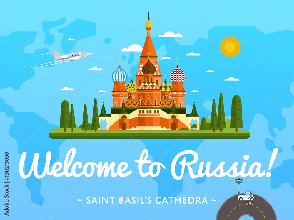 Welcome to Russia poster with famous attraction vector illustration. Travel design with Saint Basil's Cathedral at Red Square. World landmark and historical place, tour guide for traveling agency
