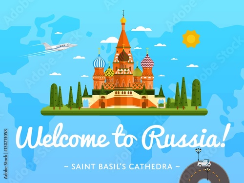 Welcome to Russia poster with famous attraction vector illustration. Travel design with Saint Basil's Cathedral at Red Square. World landmark and historical place, tour guide for traveling agency