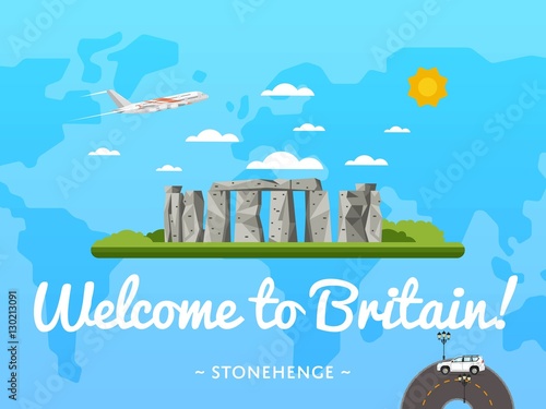 Welcome to Britain poster with famous attraction vector illustration. Travel design with megalithic monument Stonehenge. World air travel and tourism concept, Britain architectural landmark