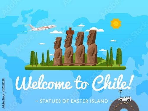 Welcome to Chile poster with famous attraction vector illustration. Travel design with Moai statues from Easter island. Worldwide air traveling, time to travel, discover new historical places