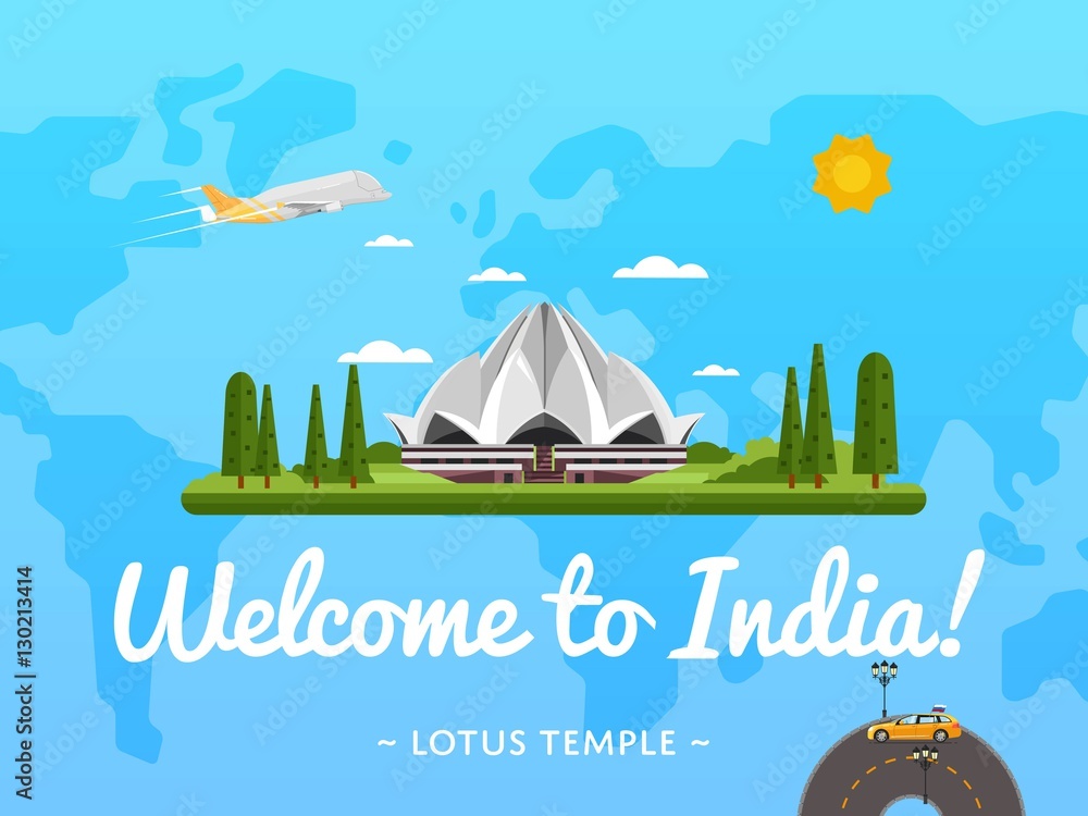 Welcome to India poster with famous attraction vector illustration. Travel  design with Lotus Temple in Delhi on background world map. Worldwide air  traveling, time to travel, discover new places Stock Vector |