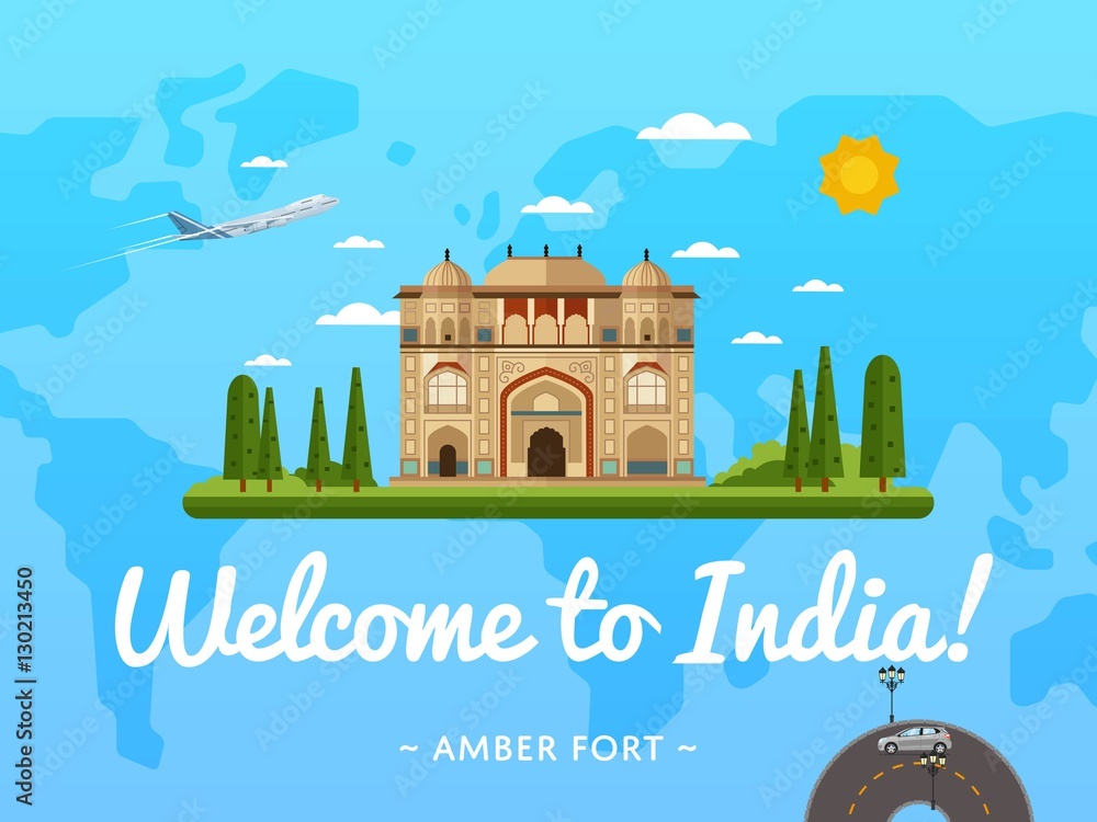 Welcome to India poster with famous attraction vector illustration. Travel design with Amber fort in Jaipur. Worldwide air traveling, time to travel, discover historical architecture concept