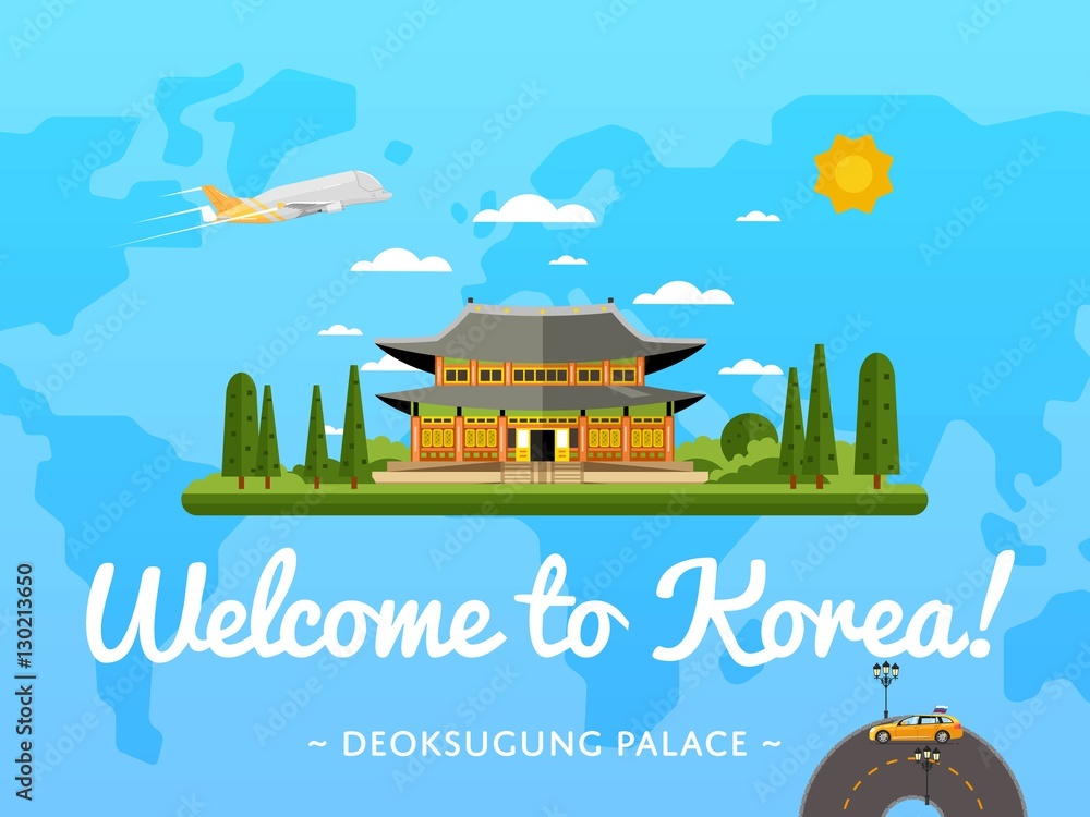 to Korea poster with famous attraction vector illustration. Travel design with