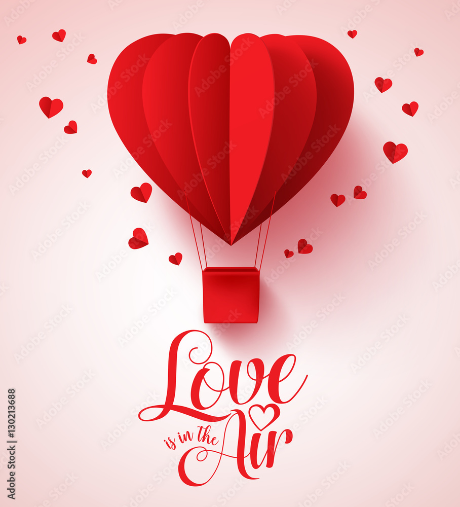Verder Tien jaar doorgaan met Love is in the air typography for valentines day with paper cut red heart  shape balloon flying and hearts decorations in white background. Vector  illustration. Stock Vector | Adobe Stock
