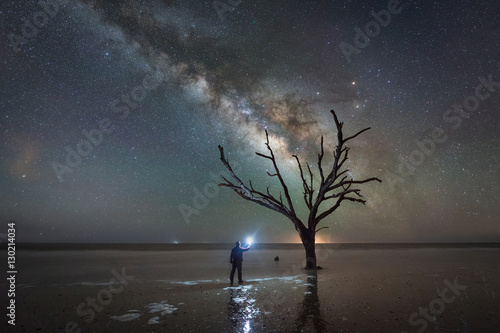 Bilde på lerret Man Light Painting Ominous Tree Under The Milky Way Galaxy