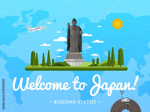 Welcome to Japan poster with famous attraction vector illustration. Travel design with standing Buddha statue. Time to travel, discover new cultural places concept, tour guide for traveling agency