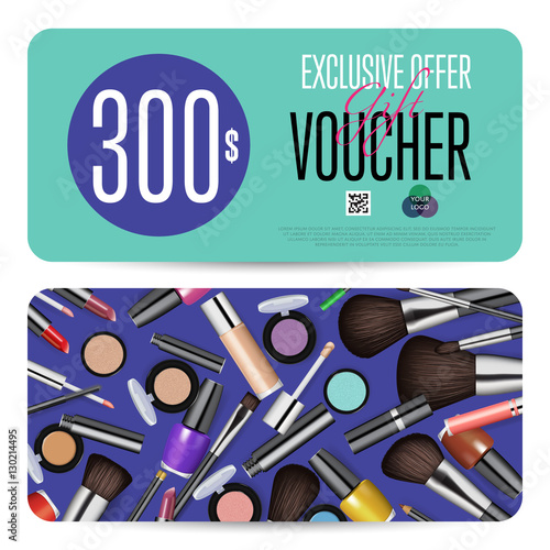 Cosmetics gift voucher template. Gift coupon with fashion makeup accessories and prepaid sum. Makeup brush, powder, lipstick, pencil, polish vectors. Special exclusive offer for cosmetics product sale