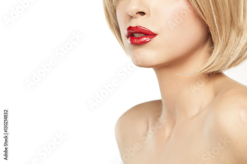 red lipstick, sexy lips and bare shoulders