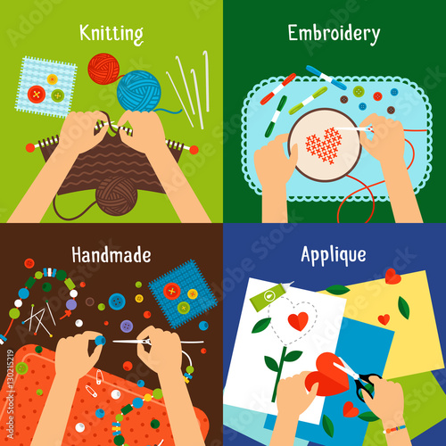 Handmade vector illustration set. Human hands knitting, cross stiching, cutting and working with beads