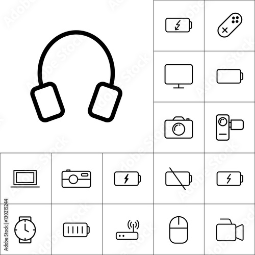 thin line headphones icon on white background, gadgets set