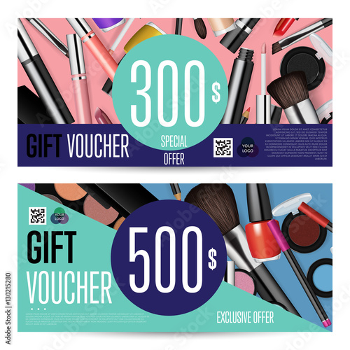 Cosmetics gift voucher template. Gift coupon with fashion makeup accessories and prepaid sum. Makeup brush, powder, lipstick, pencil, polish vectors. Special exclusive offer for cosmetics product sale