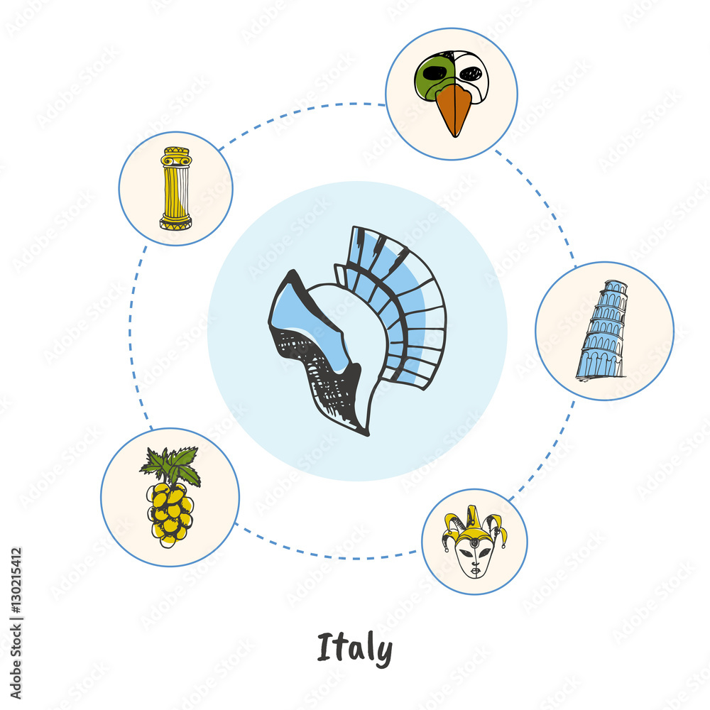 Attractive Italy. Gladiator helmet colored doodle surrounded Pisa tower, carnival mask, antique column, grapes hand drawn vector icons. Italian cultural, culinary, historical symbols. Travel in Europe