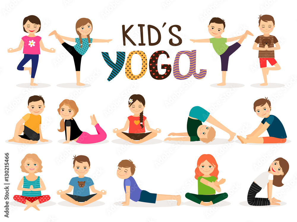 Young kids in different yoga poses on white background. Vector illustration Young kids in different yoga poses on white background. Vector illustration