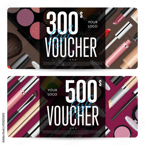 Cosmetics gift voucher template. Gift coupon with fashion makeup accessories and prepaid sum. Makeup brush, powder, lipstick, pencil, polish vectors. Special exclusive offer for cosmetics product sale
