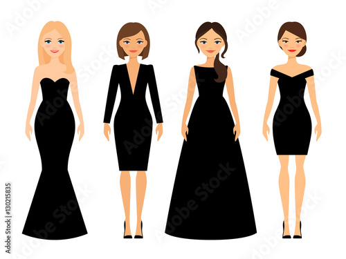 Beautiful women in different style black dresses cartoon characters on white background. Vector illustration