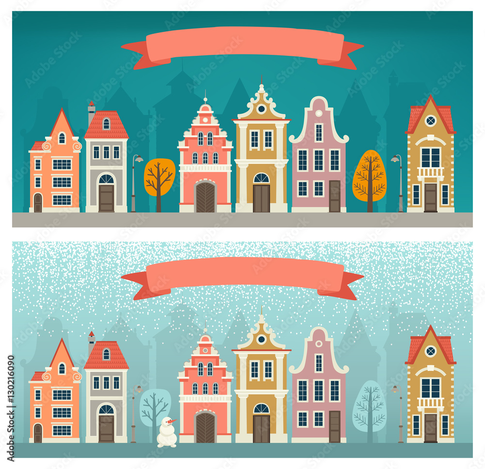 Set of banners with the cityscape. Seasons. Fall, Winter