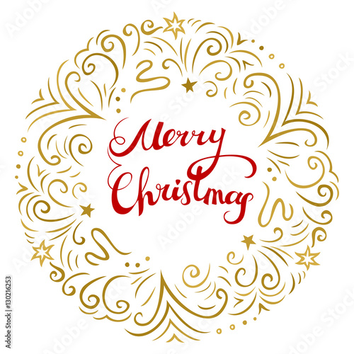 Merry Christmas card with red freehand lettering and golden wreath line art drawing.
