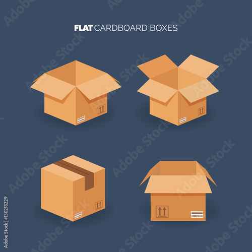 Vector set. Flat carton box. Delivery and packaging. Transportation, shipping.