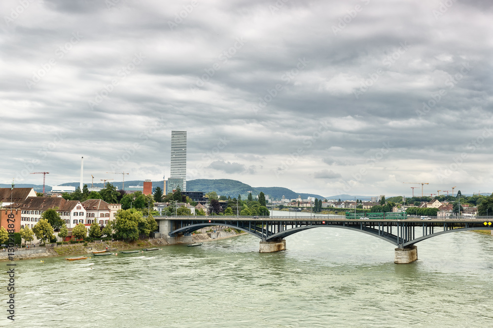 View of the River Rhine and the cathedral in the city of Basel. Switzerland.