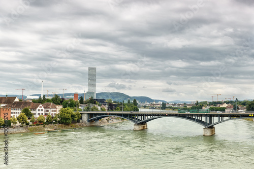 View of the River Rhine and the cathedral in the city of Basel. Switzerland.