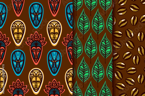 Collection of seamless patterns coffee in the African style. Background with masks spirits. Background with coffee leaves. Background with coffee beans. Vector illustration.