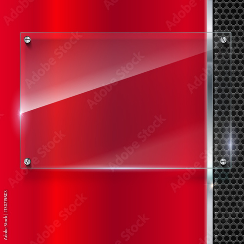Elegant vector metallic background with glass banner. Color polished texture with highlights and glow on the background of metal mesh. Vector editable texture, easy to change size