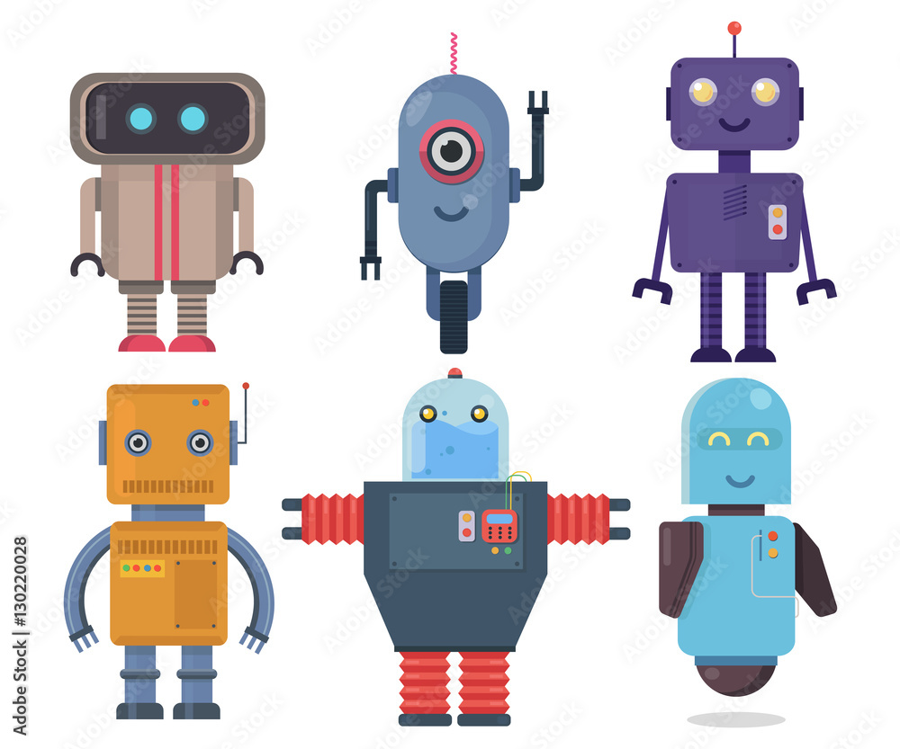 Isolated robot set. Collection future element icon character, cartoon robots.Flat  vector illustration set. Stock Vector | Adobe Stock