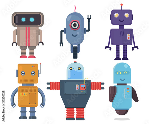 Isolated robot set. Collection future element icon character, cartoon robots.Flat vector illustration set.