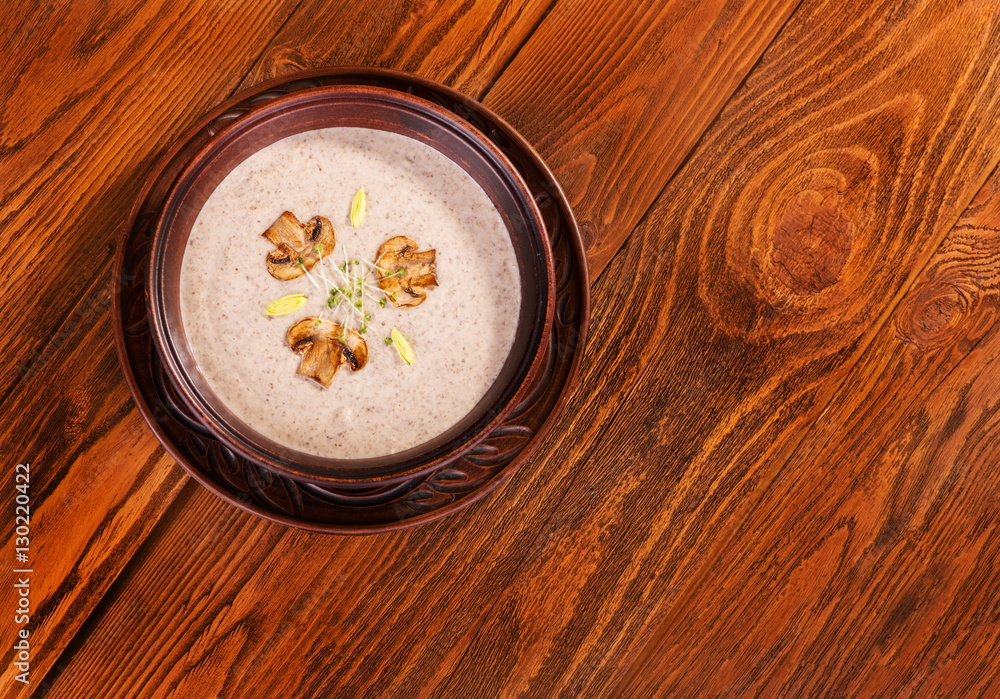 Cream of mushroom soup, top view. Cream of mushroom soup, top view.