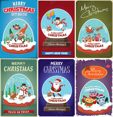Fotografia Vintage Christmas poster design with Santa Claus, house, elf, reindeer, snowman, owl in crystal ball characters
