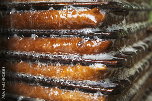 Foaming fresh juice running down sides of press
